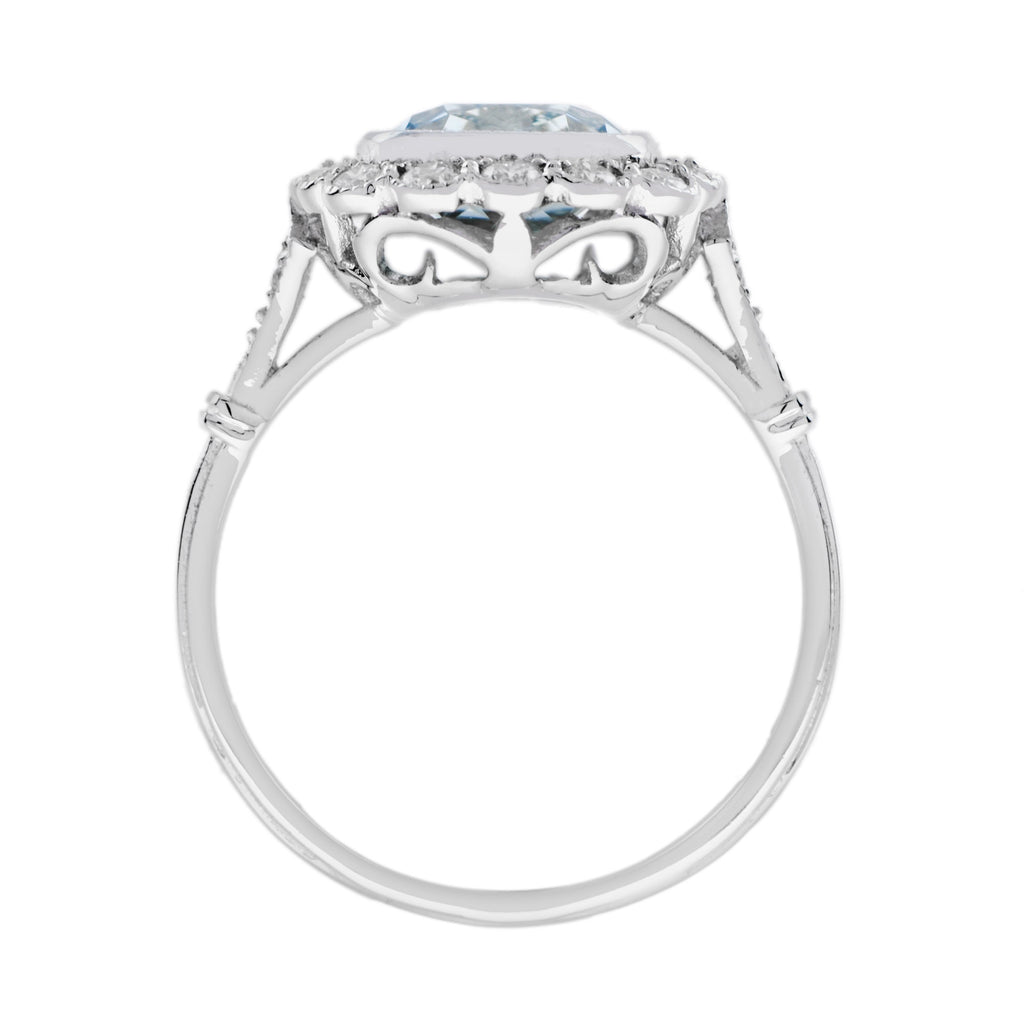 Cushion Blue Aquamarine & Diamond Halo Set 18K White Gold Vintage Style Ring