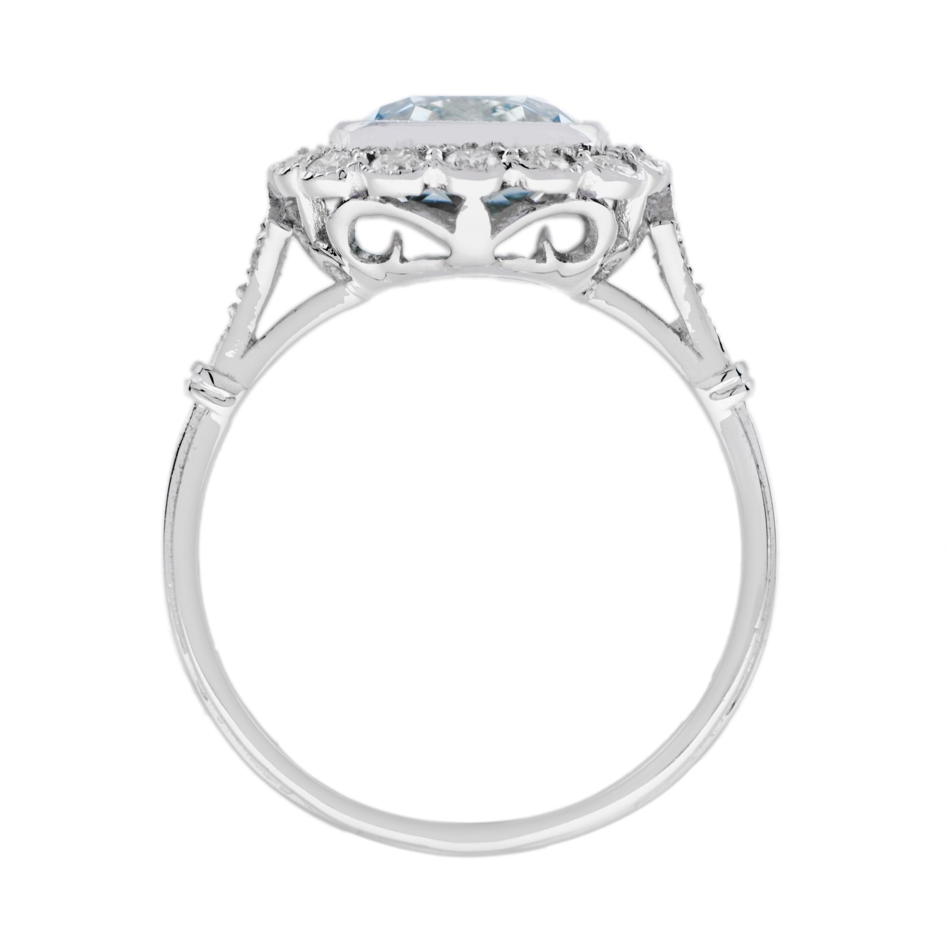 Cushion Blue Aquamarine & Diamond Halo Set 18K White Gold Vintage Style Ring