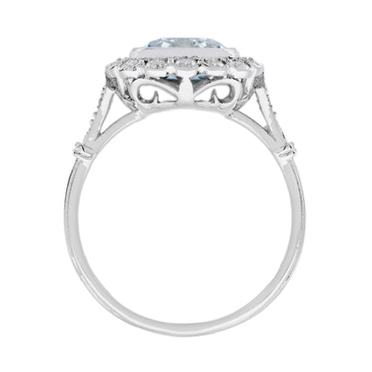 Cushion Blue Aquamarine & Diamond Halo Set 18K White Gold Vintage Style Ring