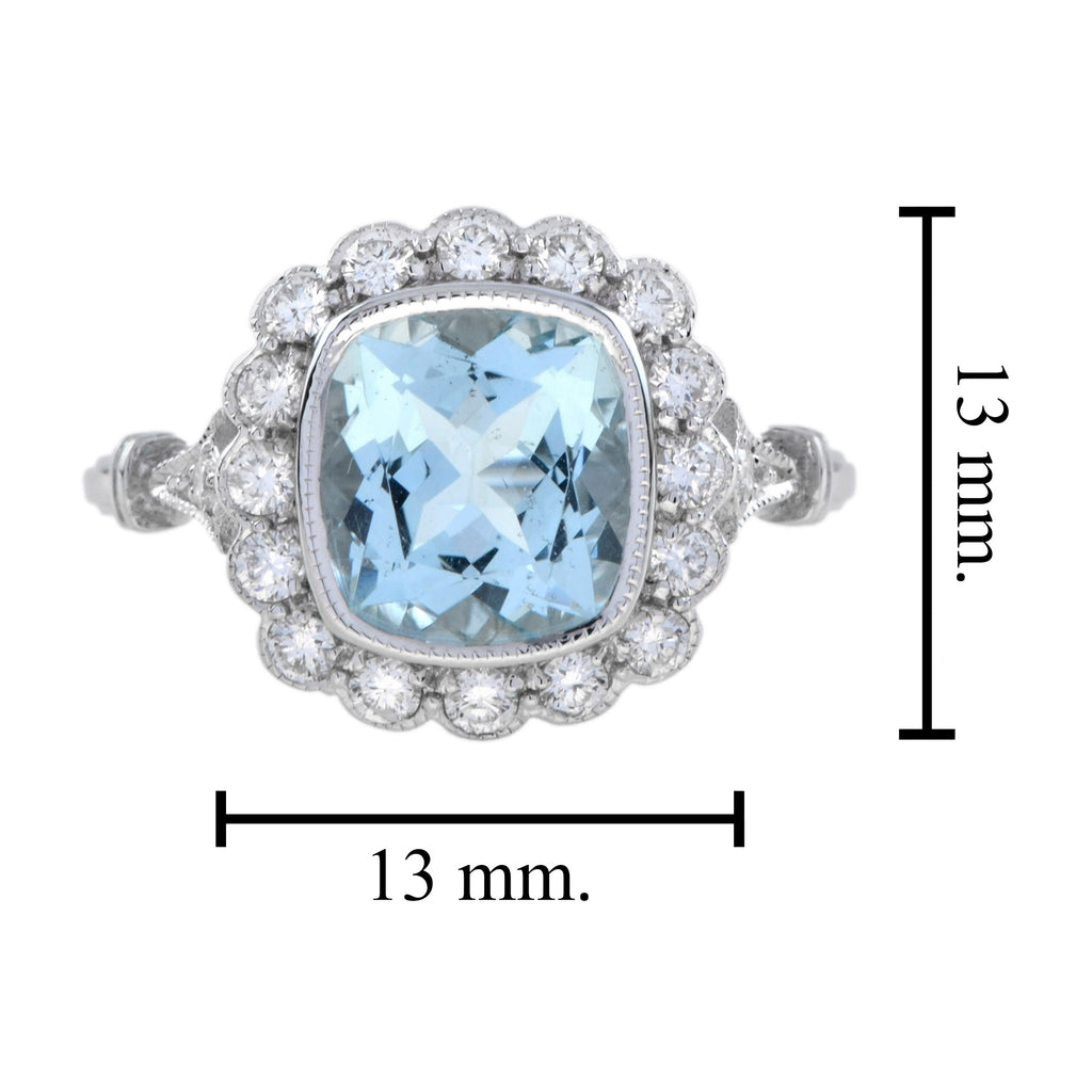Cushion Blue Aquamarine & Diamond Halo Set 18K White Gold Vintage Style Ring