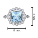 Cushion Blue Aquamarine & Diamond Halo Set 18K White Gold Vintage Style Ring