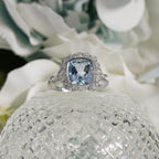 Cushion Blue Aquamarine & Diamond Halo Set 18K White Gold Vintage Style Ring