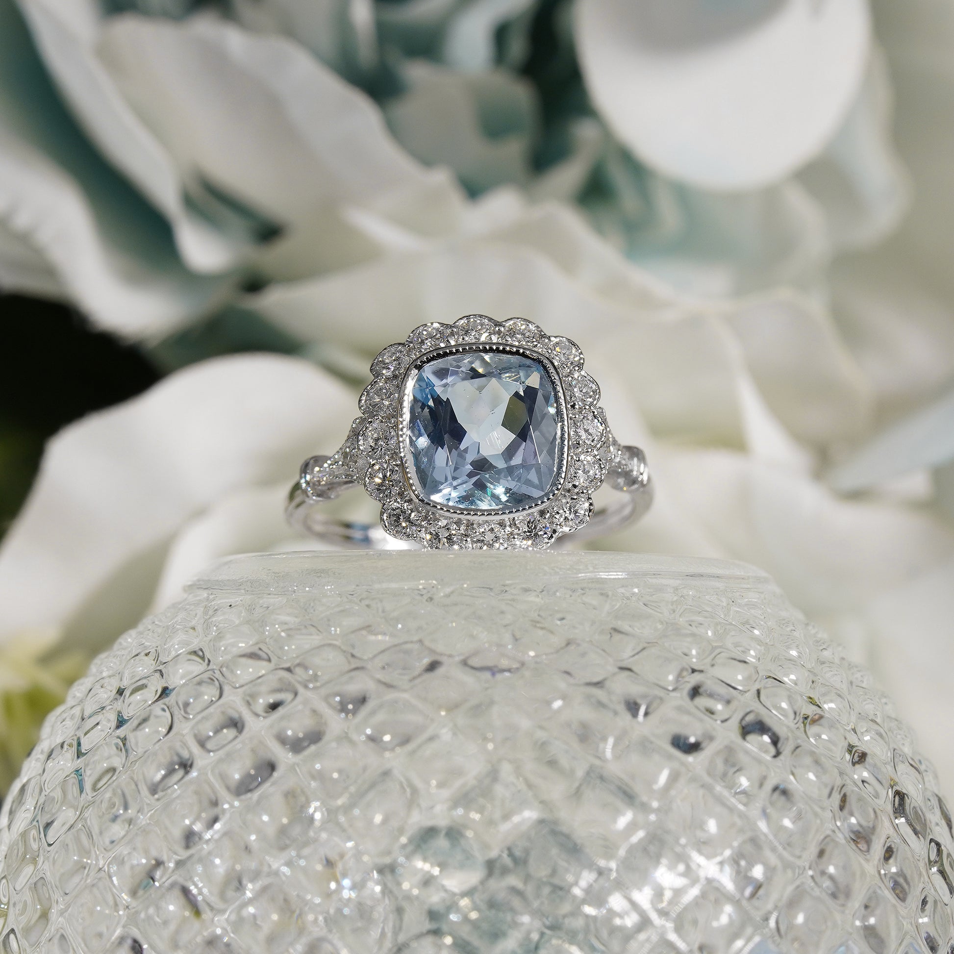 Cushion Blue Aquamarine & Diamond Halo Set 18K White Gold Vintage Style Ring
