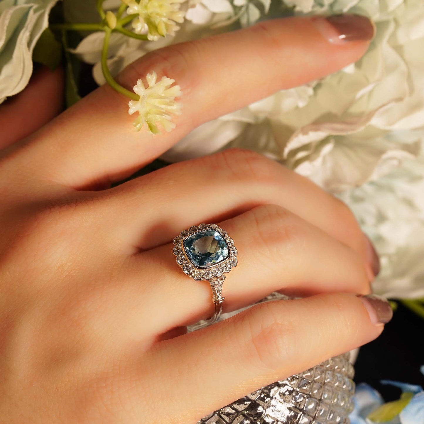 art deco style cushion green amethyst & diamond halo set 18k white gold ring