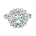 Art Deco Style Cushion Green Amethyst & Diamond Halo Set 18K White Gold Ring