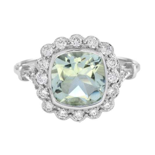 Art Deco Style Cushion Green Amethyst & Diamond Halo Set 18K White Gold Ring