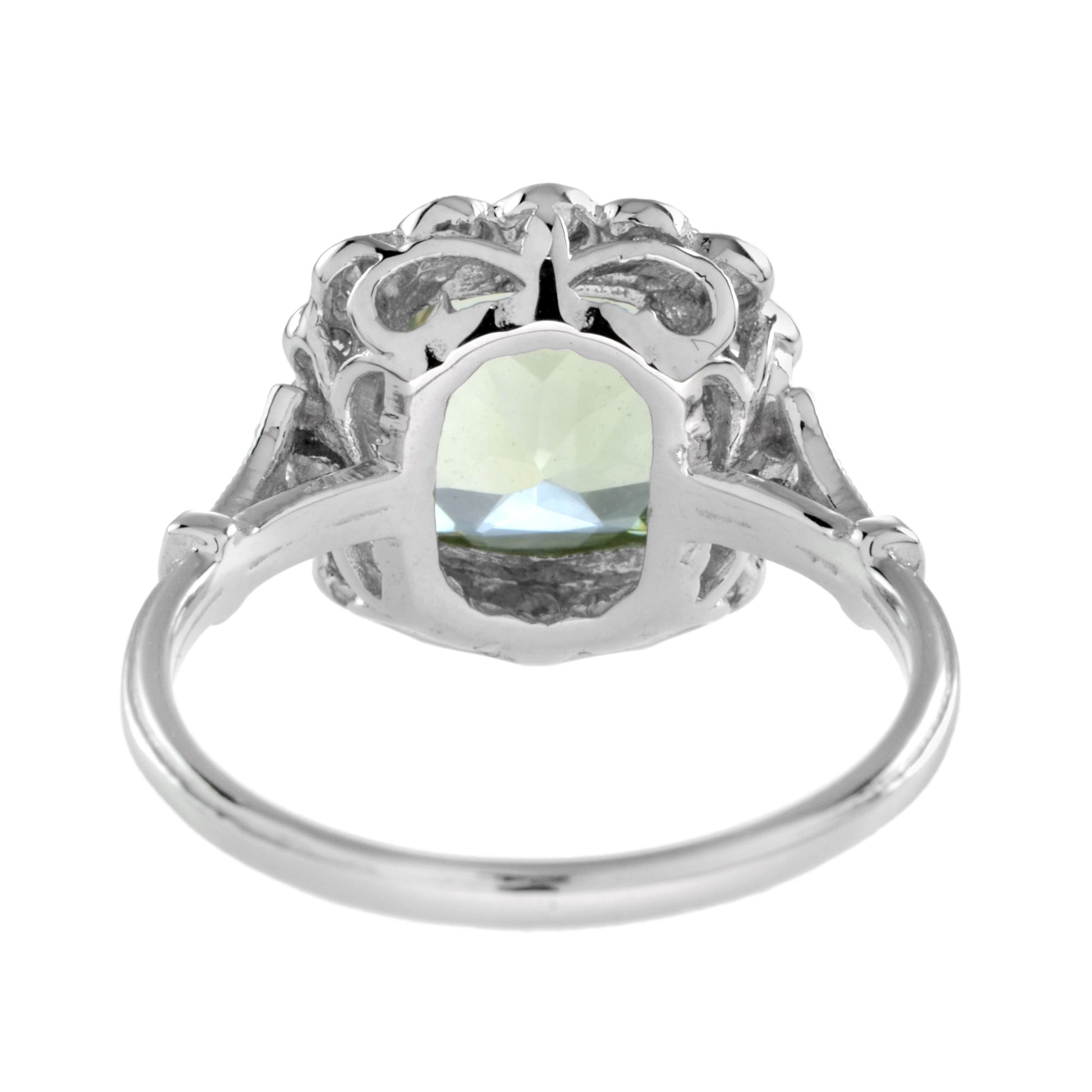 Art Deco Style Cushion Green Amethyst & Diamond Halo Set 18K White Gold Ring