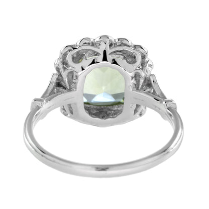 Art Deco Style Cushion Green Amethyst & Diamond Halo Set 18K White Gold Ring