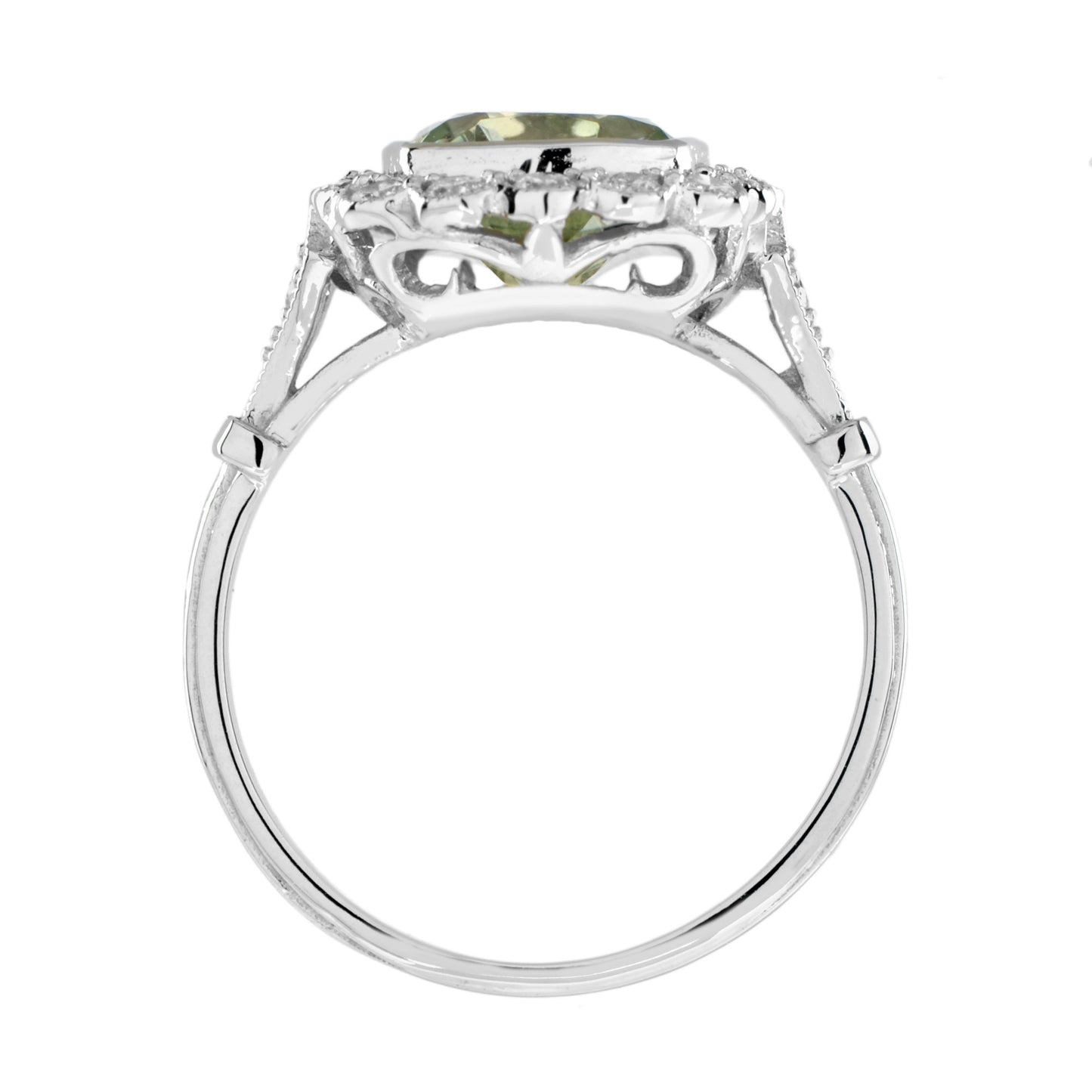 art deco style cushion green amethyst & diamond halo set 18k white gold ring