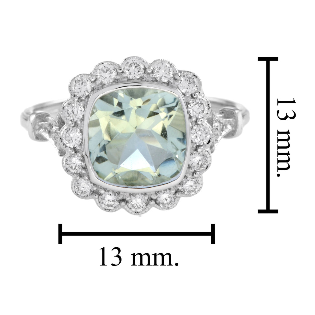Art Deco Style Cushion Green Amethyst & Diamond Halo Set 18K White Gold Ring