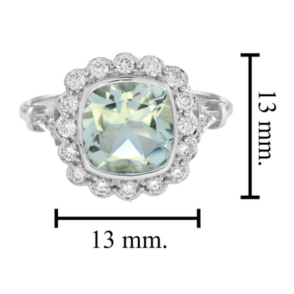 Art Deco Style Cushion Green Amethyst & Diamond Halo Set 18K White Gold Ring