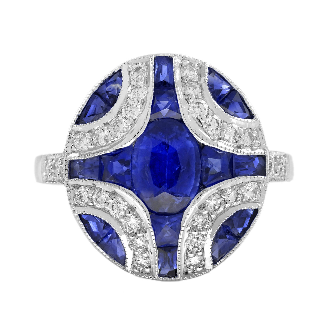 Oval Blue Sapphire &amp; Diamond Art Deco Style Engagement 18K White Gold Ring
