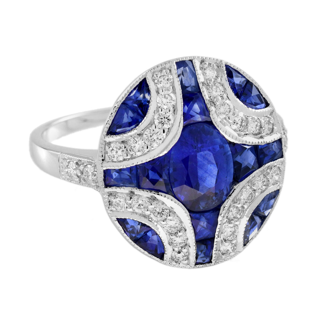 Oval Blue Sapphire &amp; Diamond Art Deco Style Engagement 18K White Gold Ring