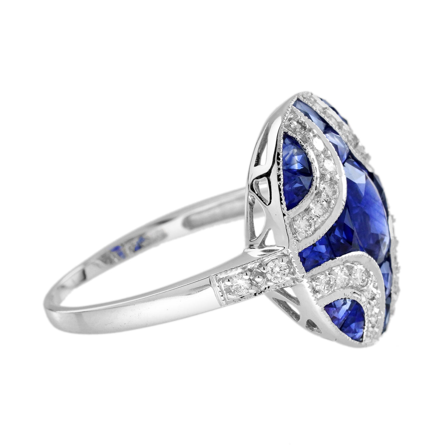 Oval Blue Sapphire &amp; Diamond Art Deco Style Engagement 18K White Gold Ring
