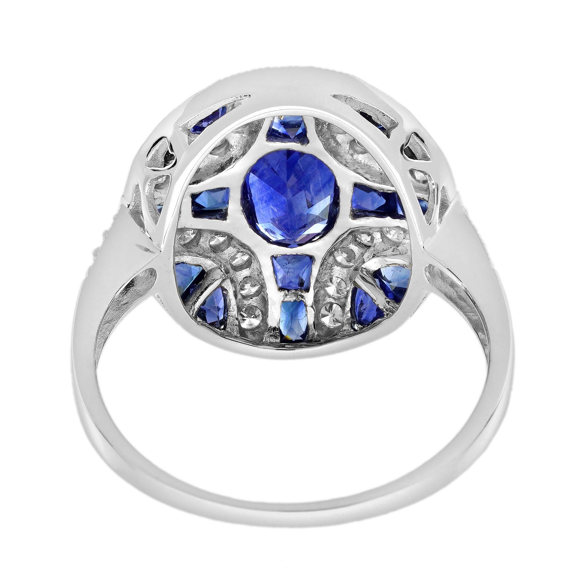 Oval Blue Sapphire &amp; Diamond Art Deco Style Engagement 18K White Gold Ring