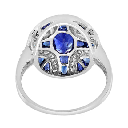 Oval Blue Sapphire &amp; Diamond Art Deco Style Engagement 18K White Gold Ring