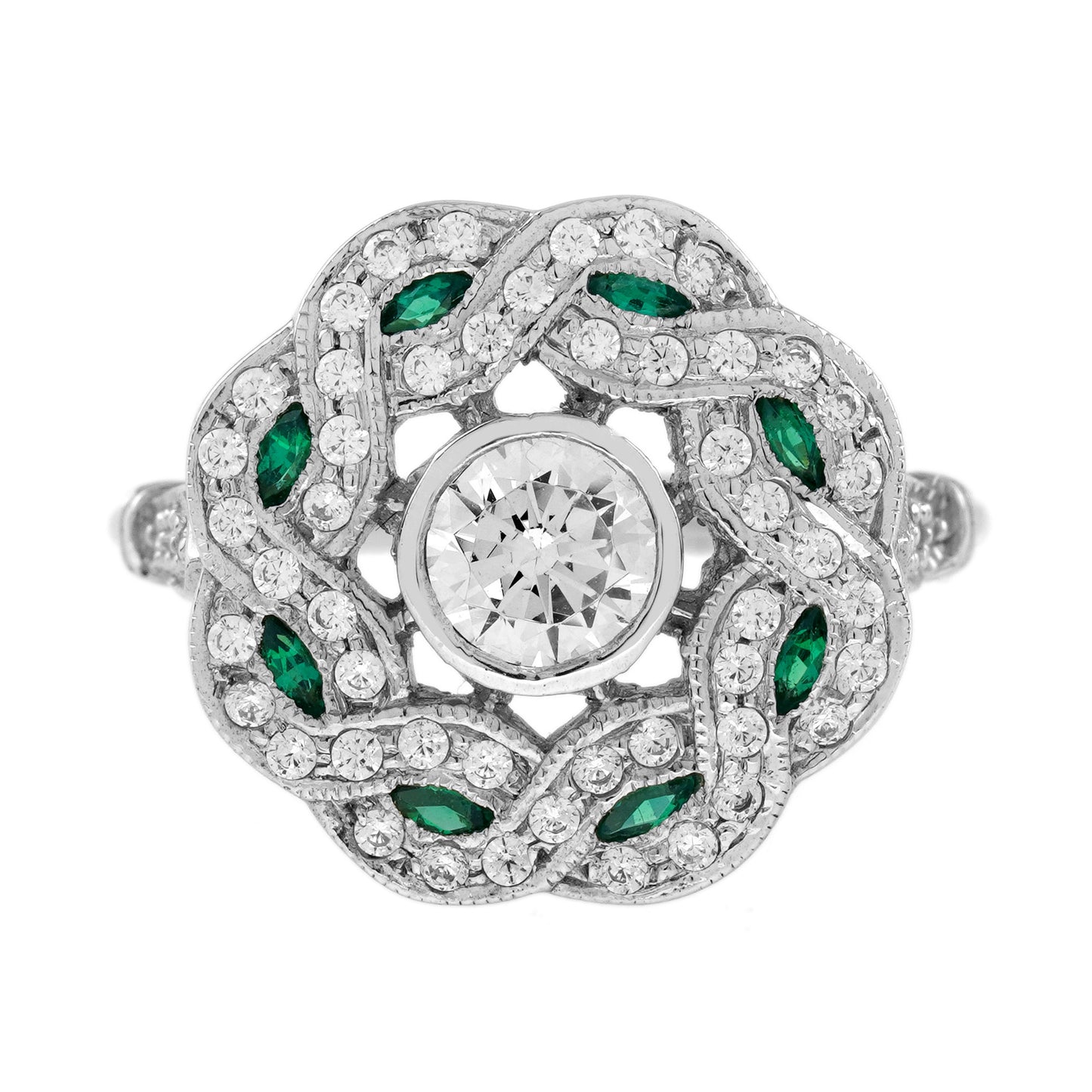 diamond & emerald art deco style curl 18k white gold ring