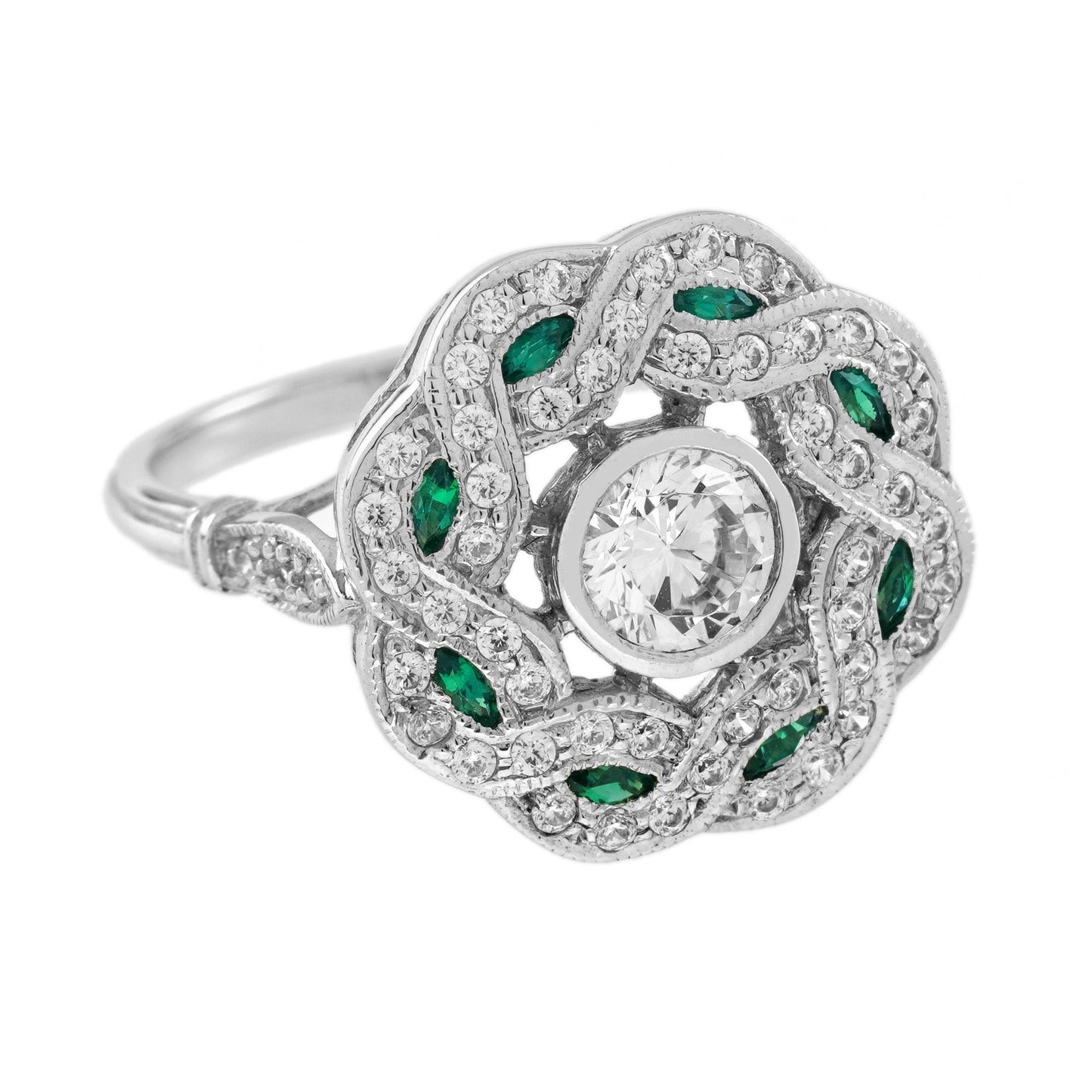 diamond & emerald art deco style curl 18k white gold ring