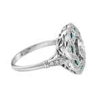 Diamond & Emerald Art Deco Style Curl 18K White Gold Ring