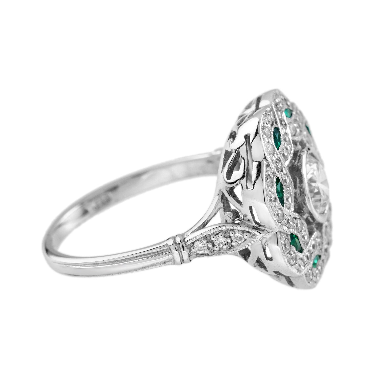 Diamond &amp; Emerald Art Deco Style Curl 18K White Gold Ring