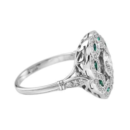 Diamond & Emerald Art Deco Style Curl 18K White Gold Ring