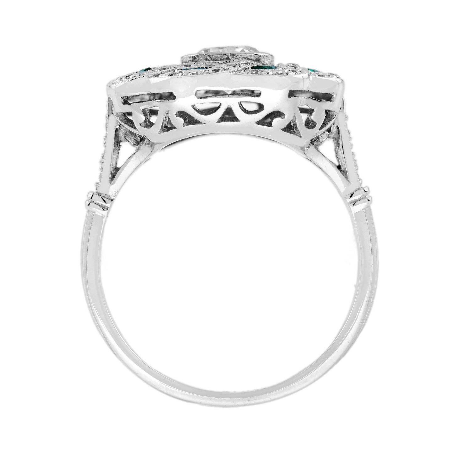 diamond & emerald art deco style curl 18k white gold ring