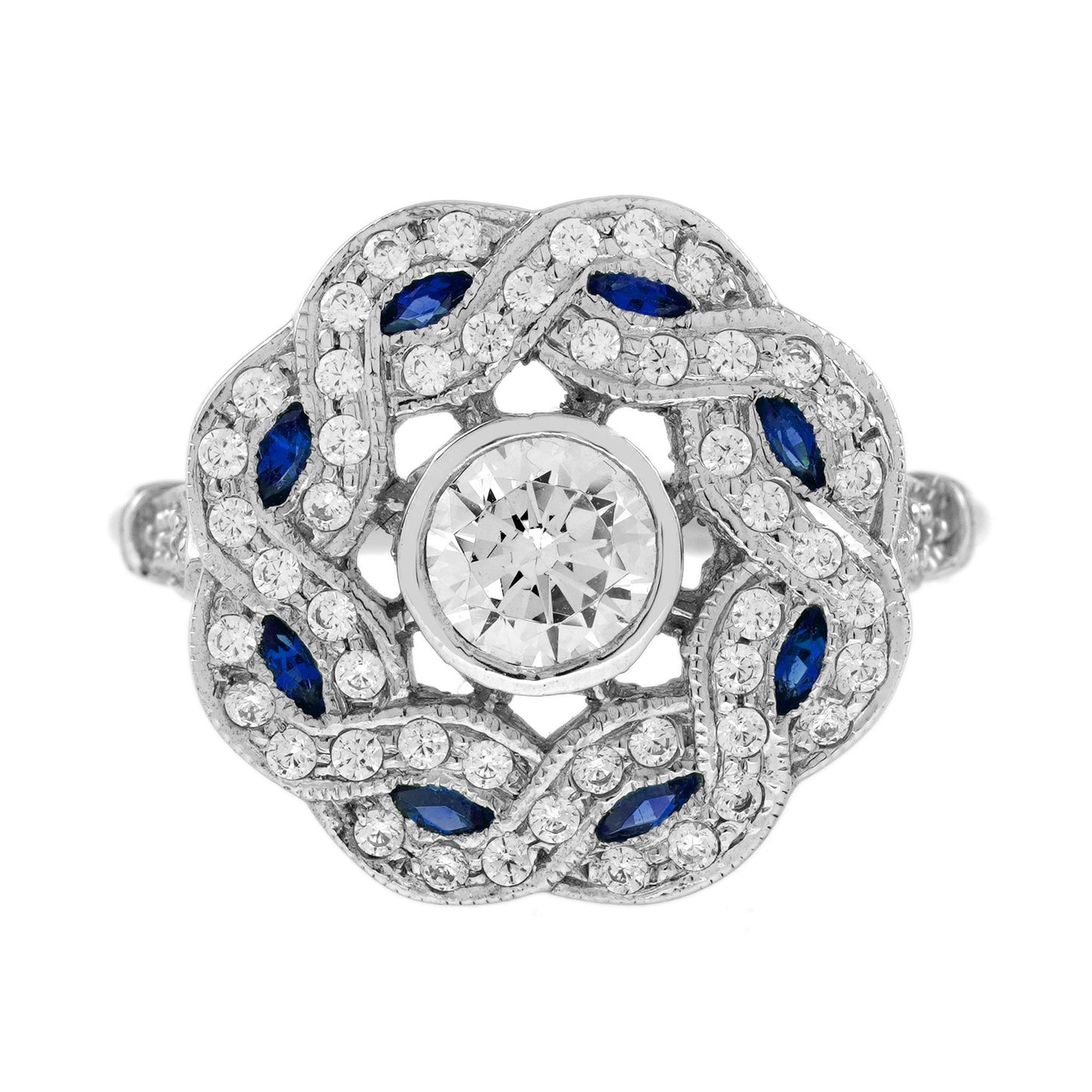 diamond & blue sapphire vintage inspired art deco style curved waves white ring