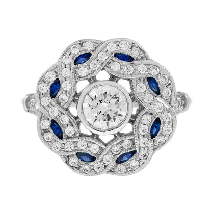 Diamond & Blue Sapphire Vintage Inspired Art Deco Style Curved Waves White Ring