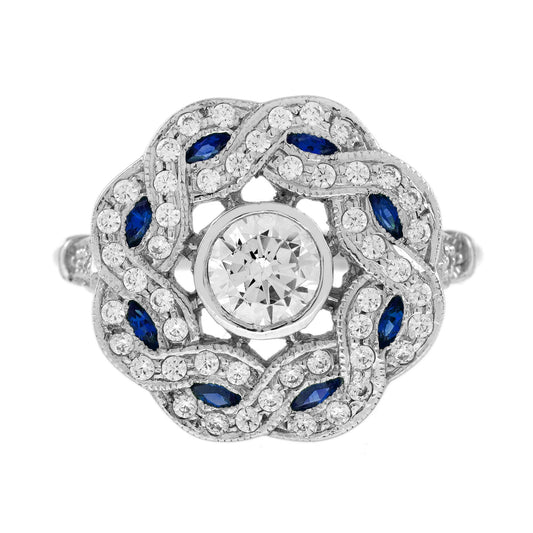 Diamond & Blue Sapphire Vintage Inspired Art Deco Style Curved Waves White Ring