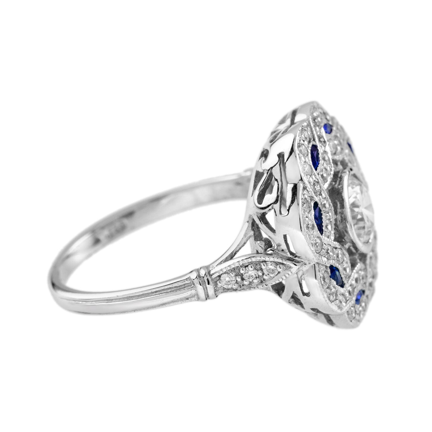 diamond & blue sapphire vintage inspired art deco style curved waves white ring