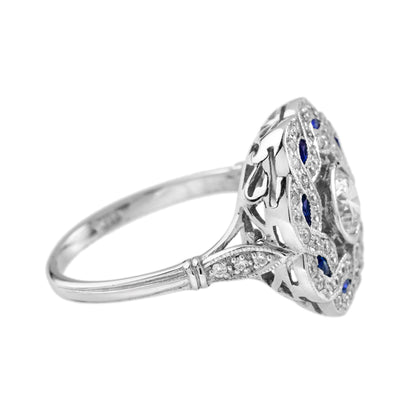 Diamond & Blue Sapphire Vintage Inspired Art Deco Style Curved Waves White Ring