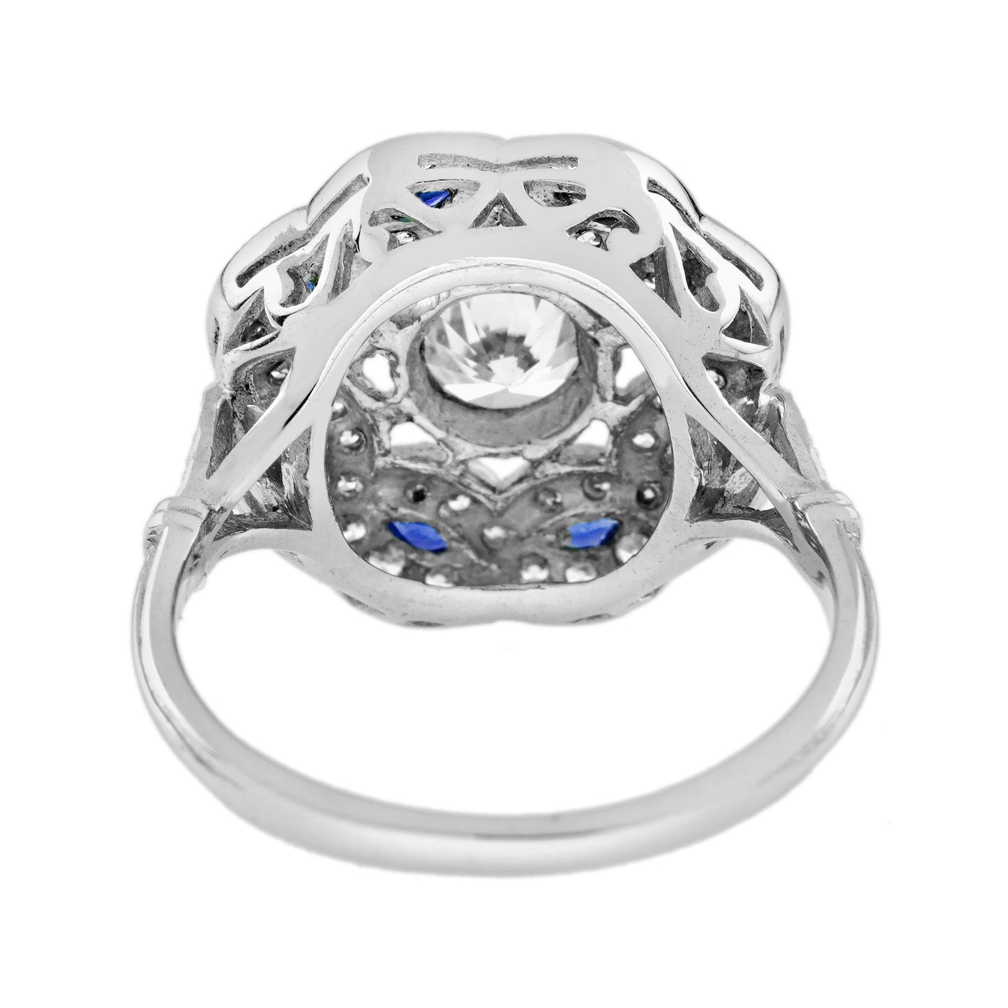 diamond & blue sapphire vintage inspired art deco style curved waves white ring