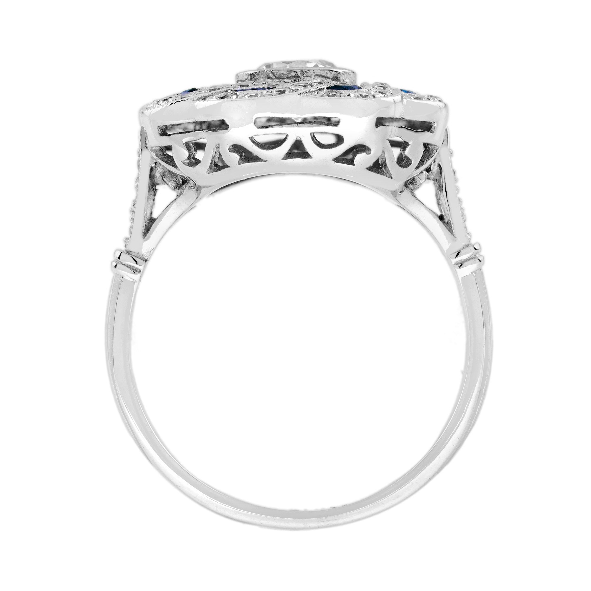 Diamond &amp; Blue Sapphire Vintage Inspired Art Deco Style Curved Waves White Ring
