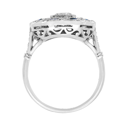 Diamond & Blue Sapphire Vintage Inspired Art Deco Style Curved Waves White Ring