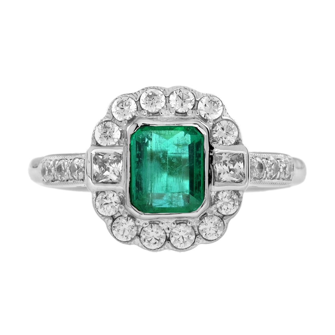 Green Emerald & Diamond Halo Antique Style Engagement 14K White Gold Ring