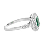 Green Emerald & Diamond Halo Antique Style Engagement 14K White Gold Ring