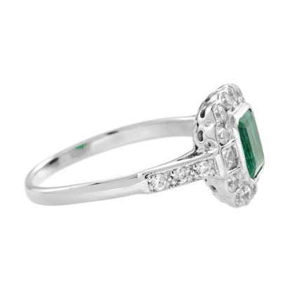 Green Emerald &amp; Diamond Halo Antique Style Engagement 14K White Gold Ring