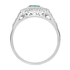 Green Emerald & Diamond Halo Antique Style Engagement 14K White Gold Ring