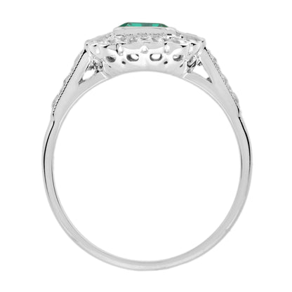Green Emerald &amp; Diamond Halo Antique Style Engagement 14K White Gold Ring
