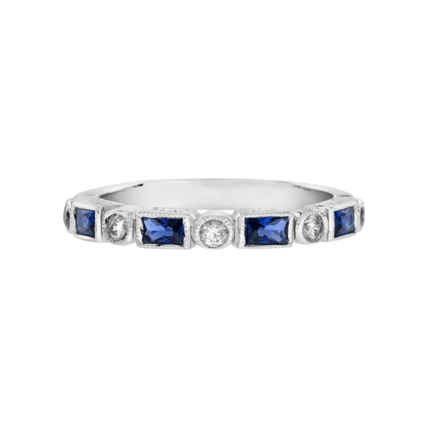 alternate baguette blue sapphire & round diamond half eternity white gold ring