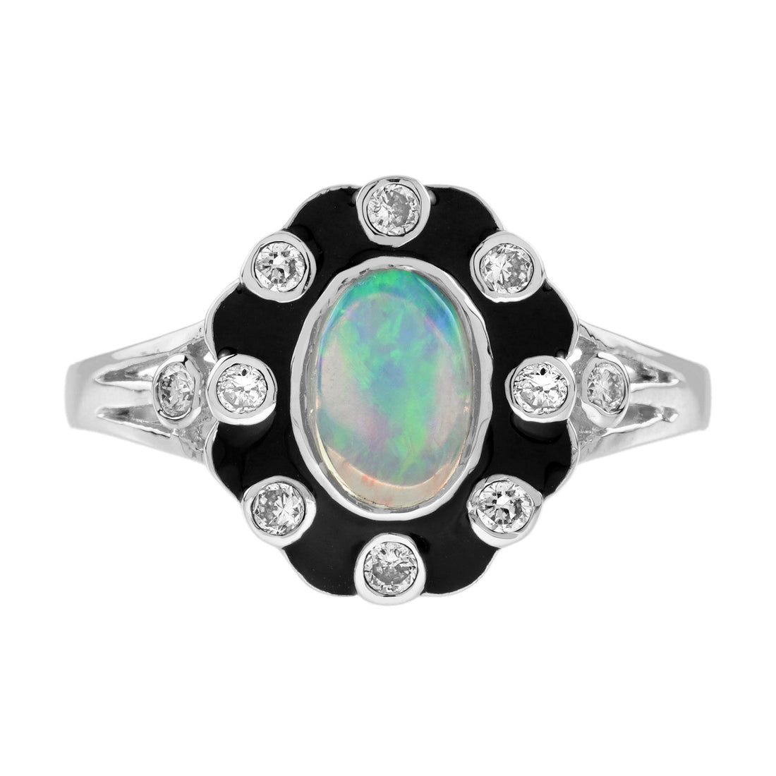 Opal & Diamond Art Deco Style Black Enamel Halo White Gold Ring