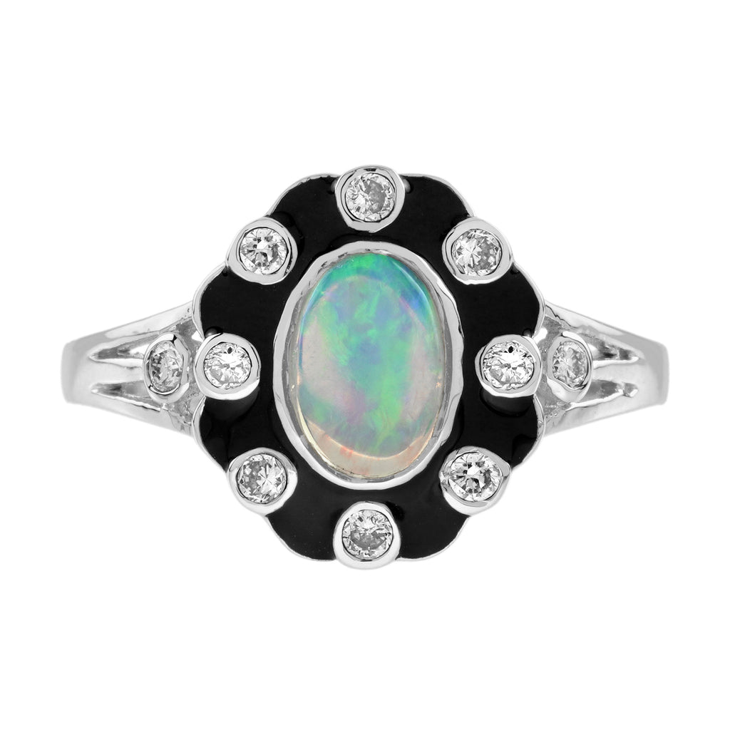 0.55 ctw Art Deco Style Opal & Diamond 14K White Gold Enamel Halo Ring