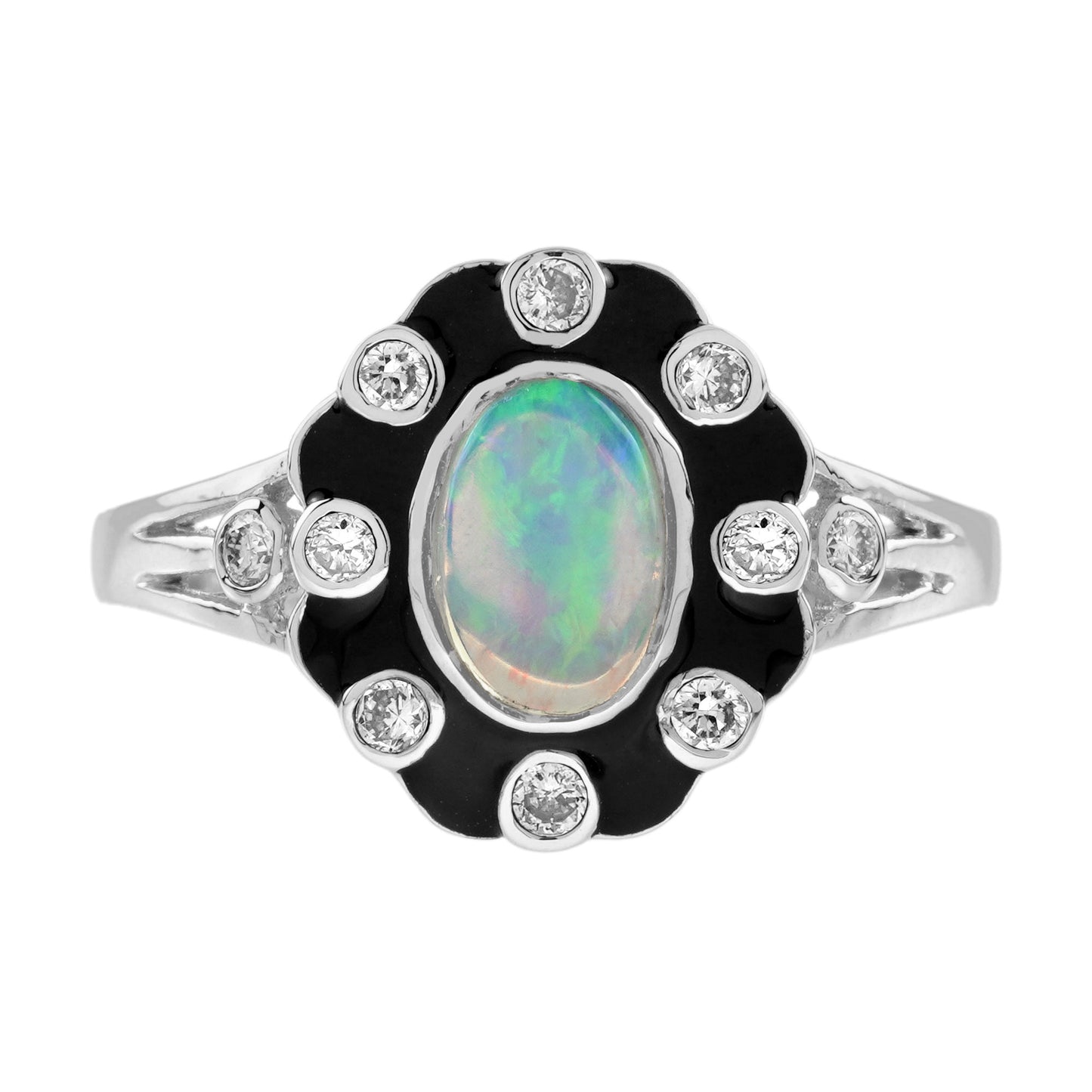 opal & diamond art deco style black enamel halo white gold ring
