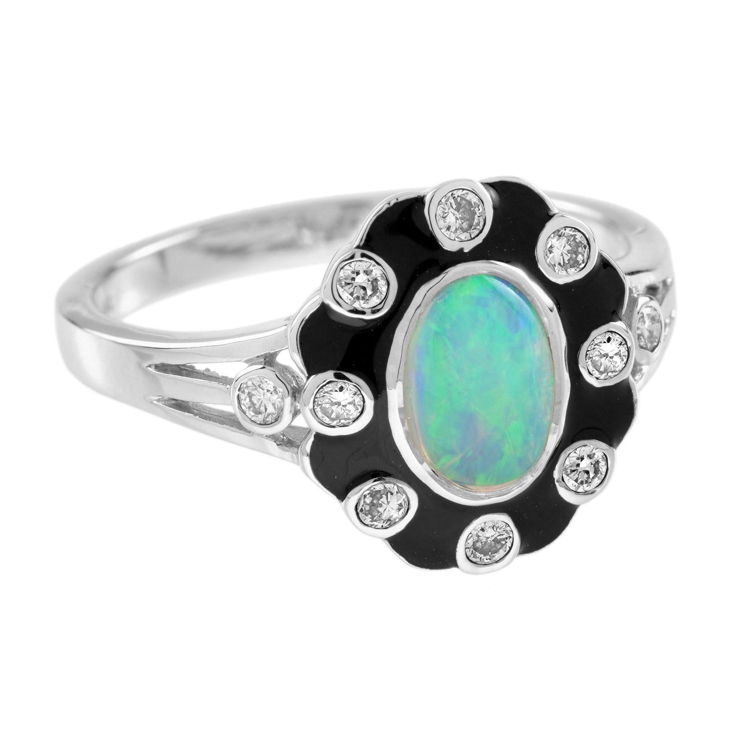 opal & diamond art deco style black enamel halo white gold ring