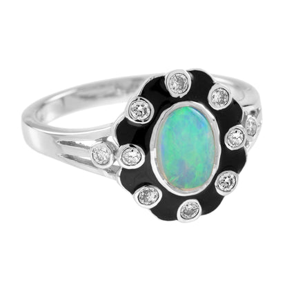 Opal & Diamond Art Deco Style Black Enamel Halo White Gold Ring