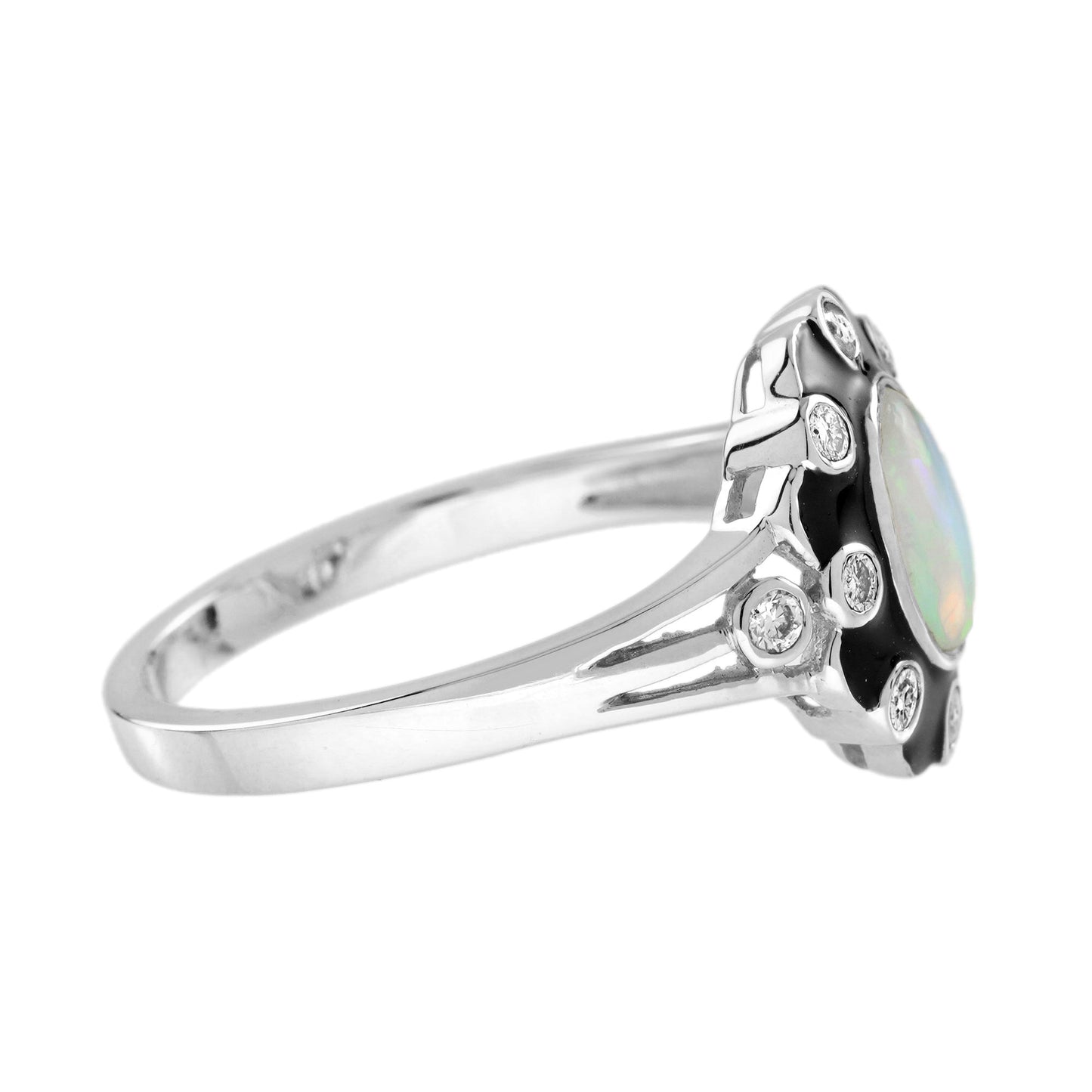 opal & diamond art deco style black enamel halo white gold ring