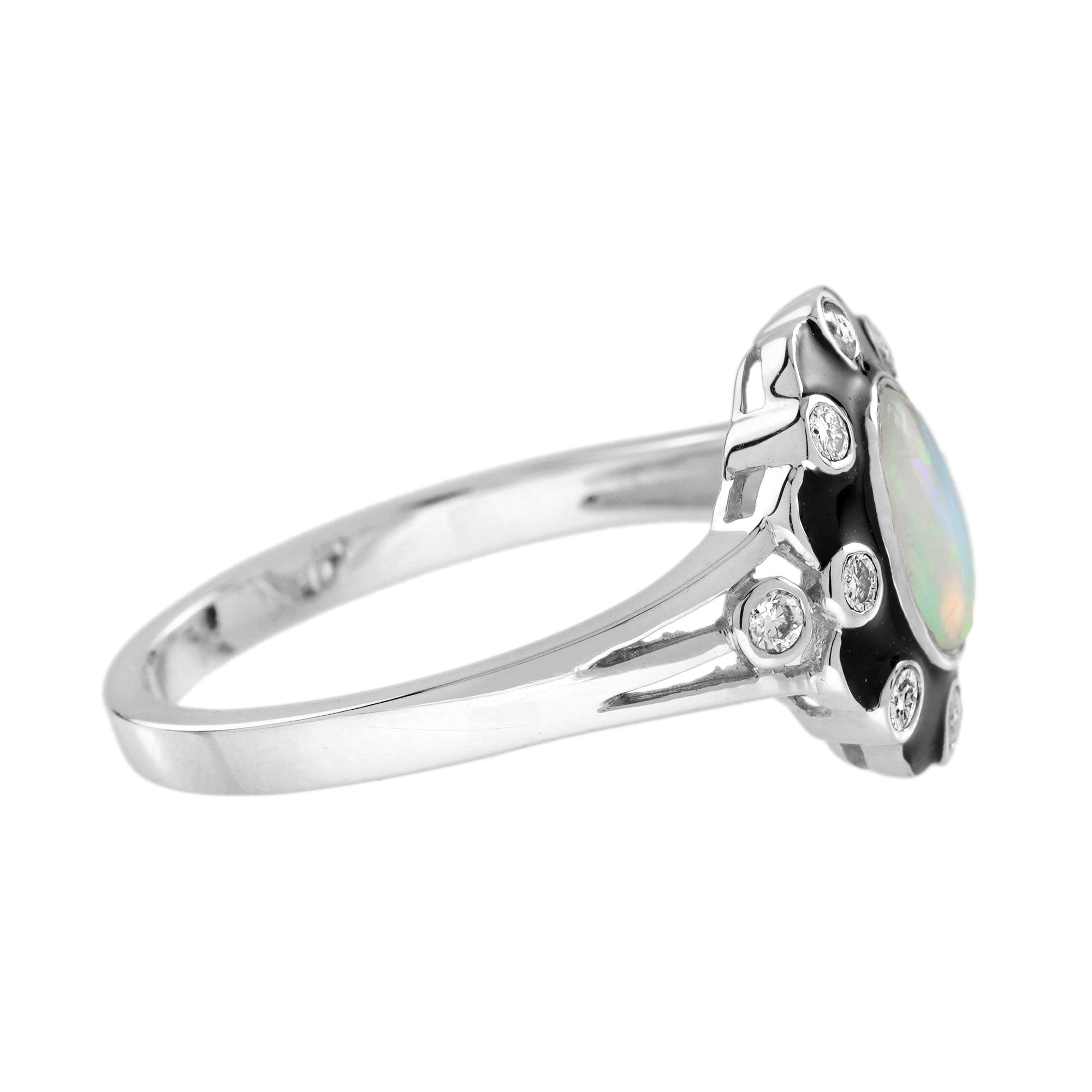 Opal &amp; Diamond Art Deco Style Black Enamel Halo White Gold Ring
