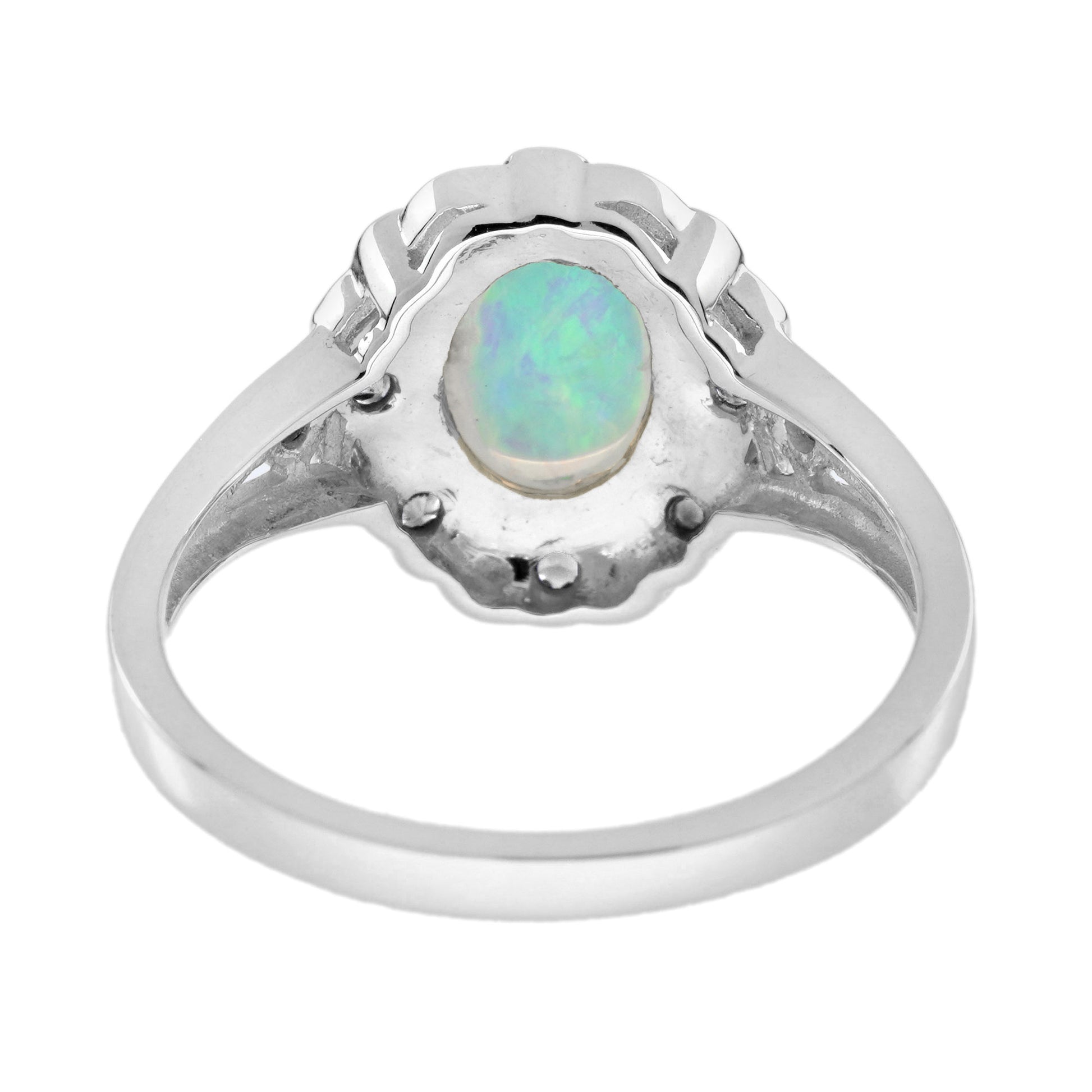 Opal & Diamond Art Deco Style Black Enamel Halo White Gold Ring
