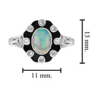 Opal & Diamond Art Deco Style Black Enamel Halo White Gold Ring