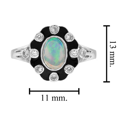 Opal & Diamond Art Deco Style Black Enamel Halo White Gold Ring